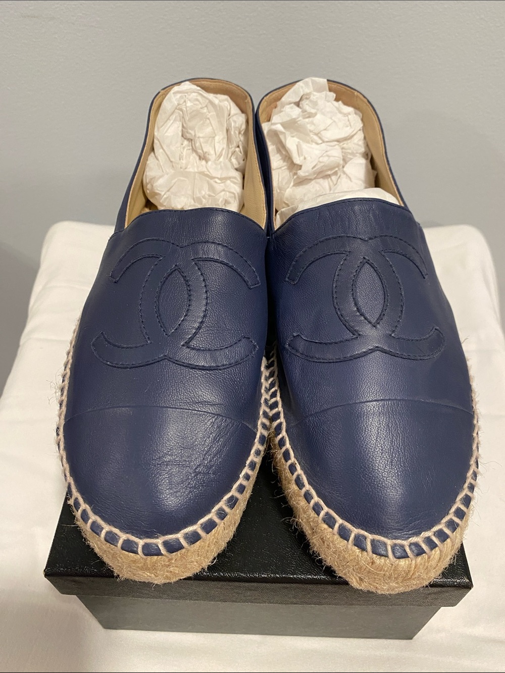 CHANEL Navy Leather Espadrille Loafers with Jute Sole